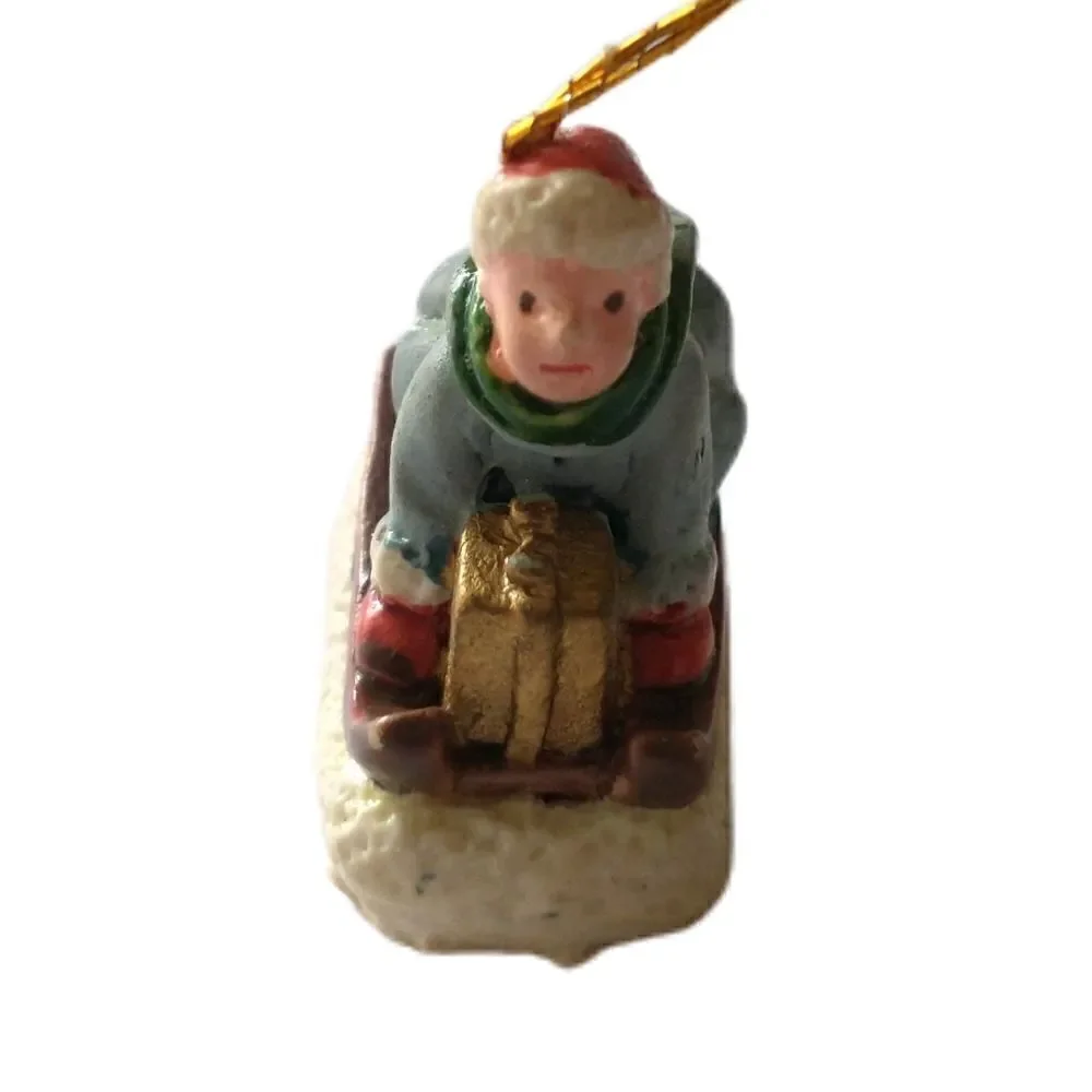 Vintage Victorian Child‎ On Sled Ornament Mini Micro Diorama Christmas Porcelain